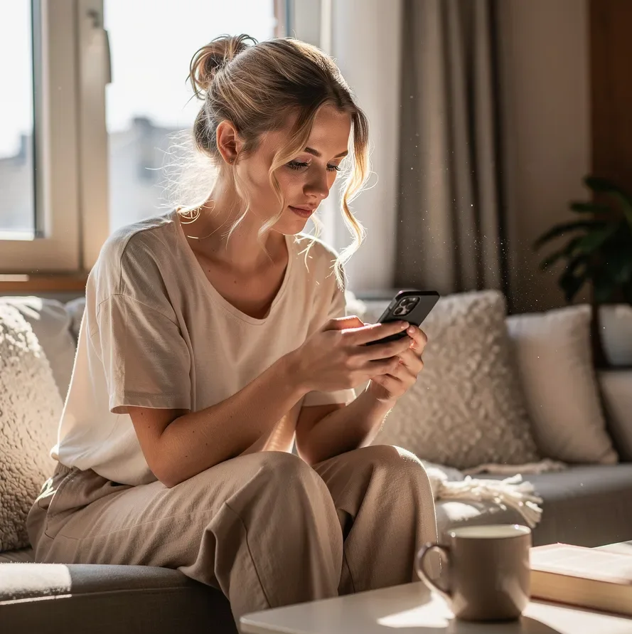 Foto illustrativa: una giovane donna utilizza lo smartphone a casa, concentrata sullo schermo alla luce naturale del giorno.